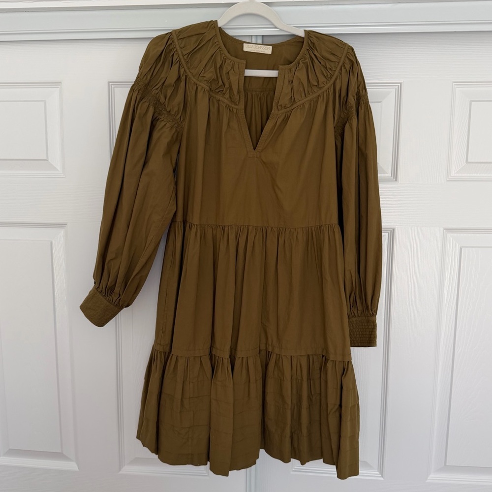 Ulla Johnson Rosa Dress Tiered Long Sleeve Mini Dress in Olive